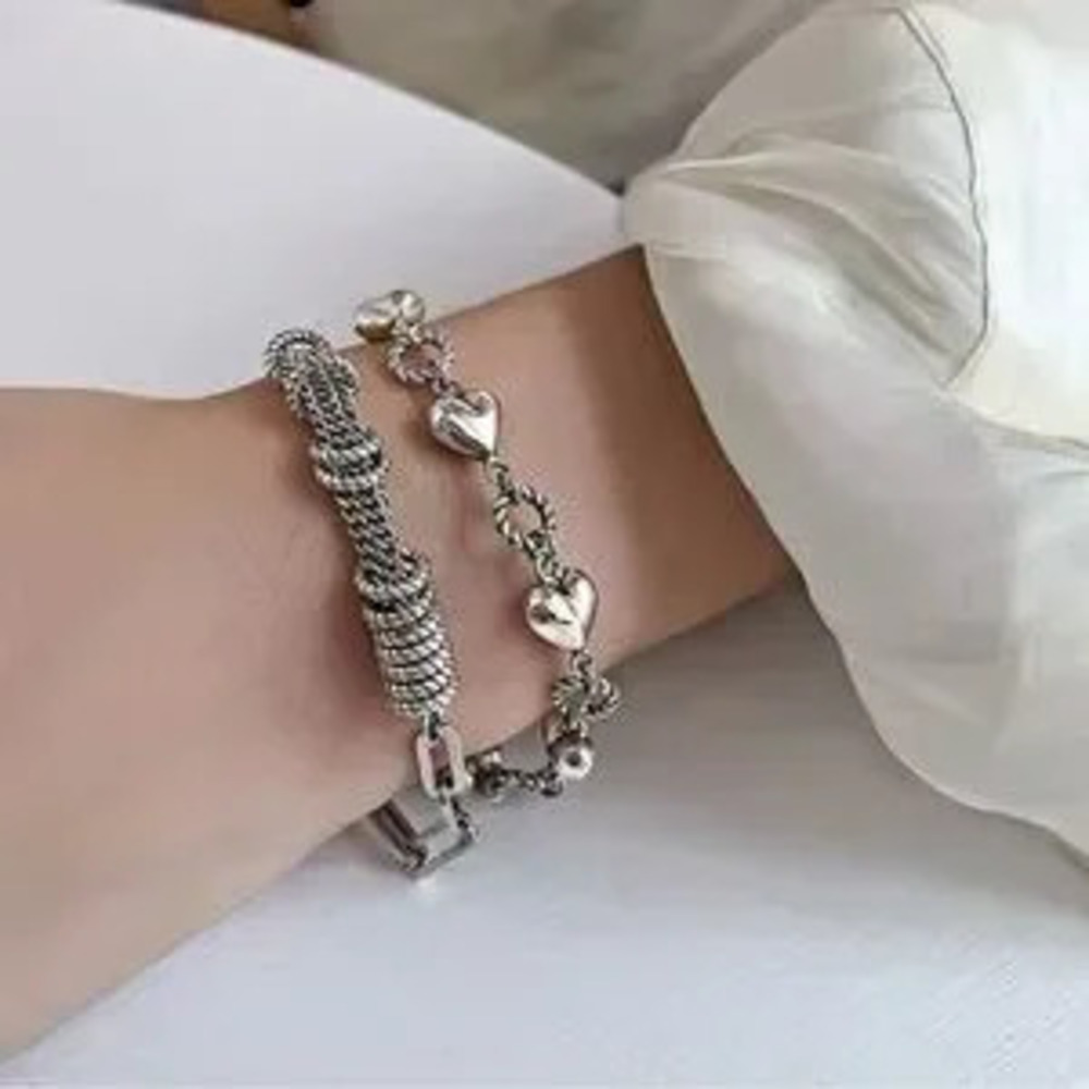 New Vintage Punk Silver LOVE Heart Bracelet 7+1 extension